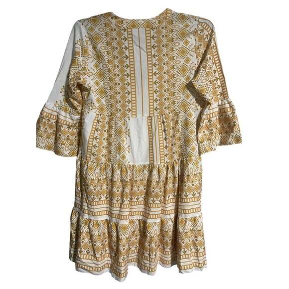 Geometric Print Tiered Boho Dress With 3/4 Bell Sleeves Size M Semi Sheer - Picture 3 of 7